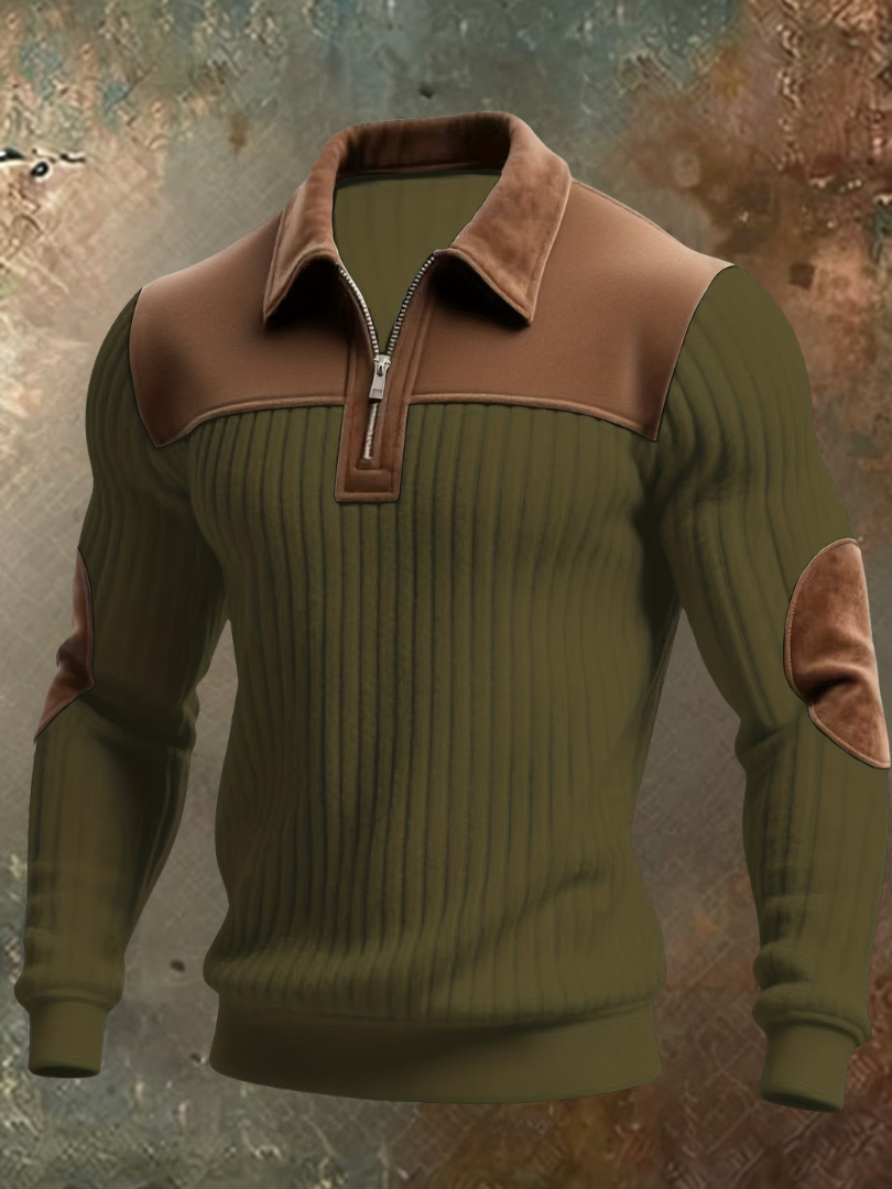 Herrenpullover mit Reißverschluss und Wildledereinsätzen