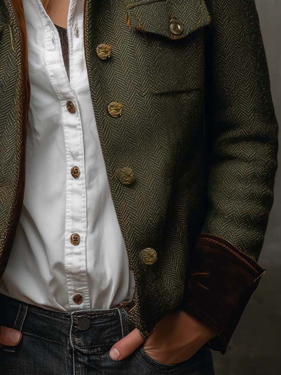 Retro Fischgrät-Blazer mit Kontrast-Abschluss