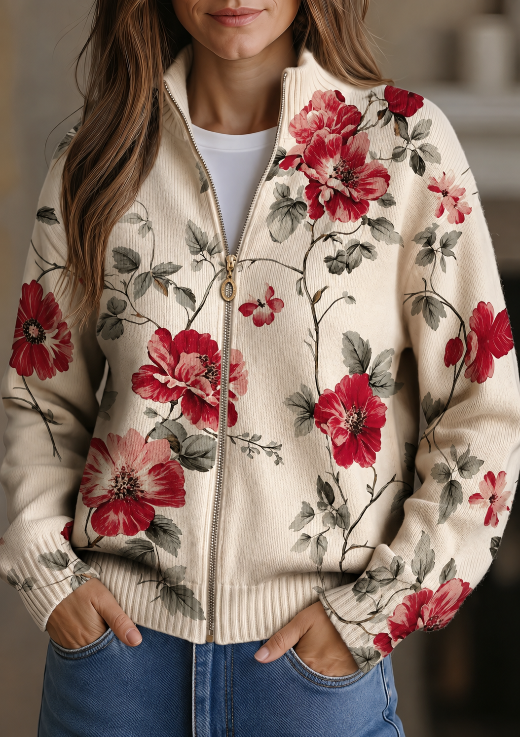 Reißverschluss-Strickjacke mit Vintage-Rosen