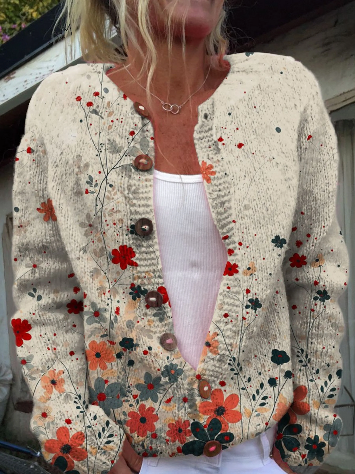 Strickjacke mit Knöpfen – Blumen Vintage VI