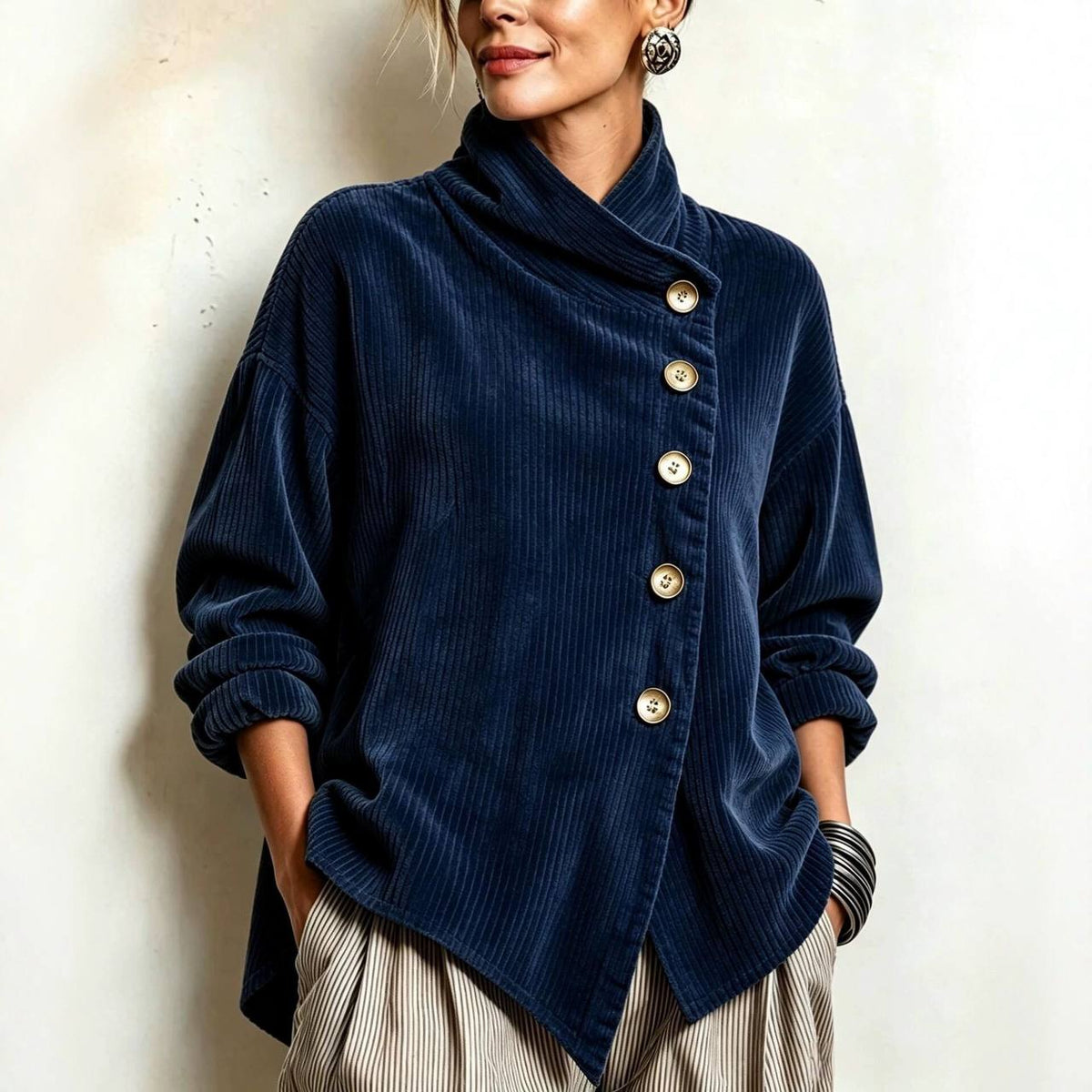 Asymmetrische Samt-Stehkragenbluse mit Knöpfen – Marineblau