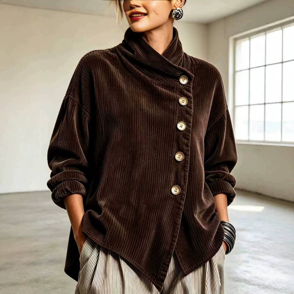 Asymmetrische Samt-Stehkragenbluse mit Knöpfen – Dunkelbraun