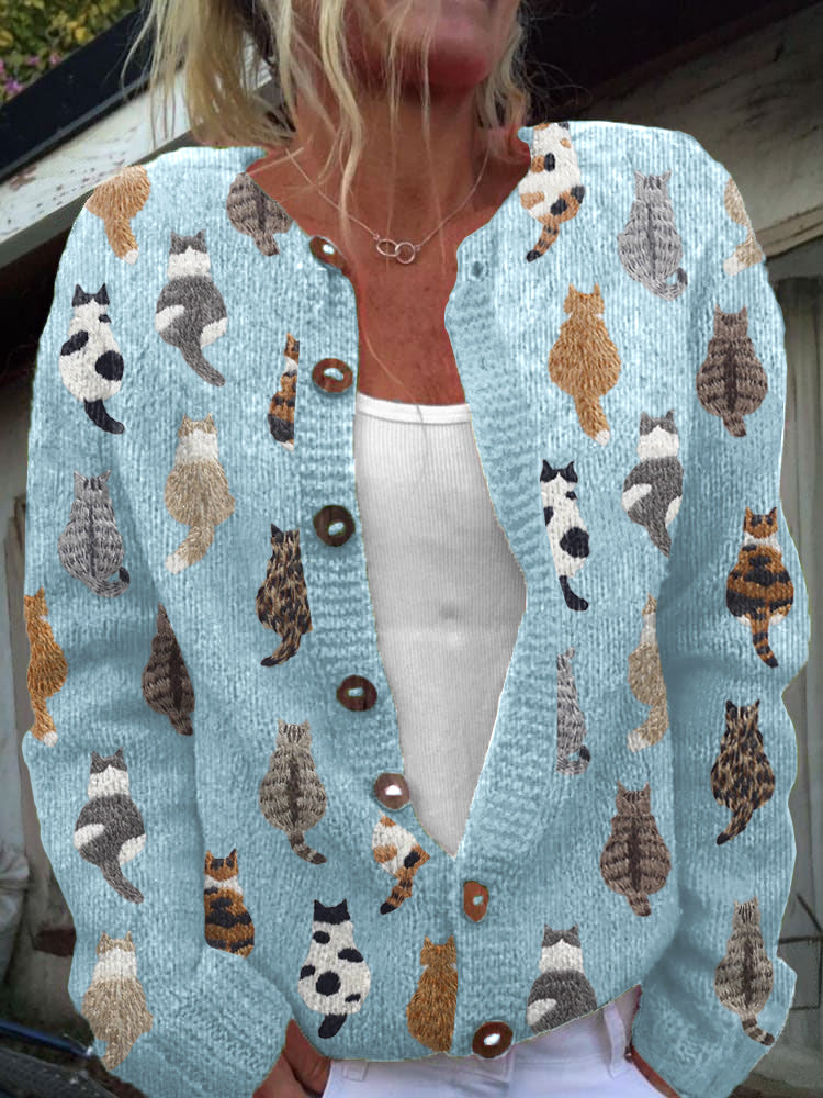 Strickjacke mit Knöpfen und Katzenmotiv