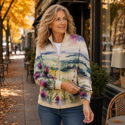 Reißverschluss-Strickjacke mit Schottischer Distel