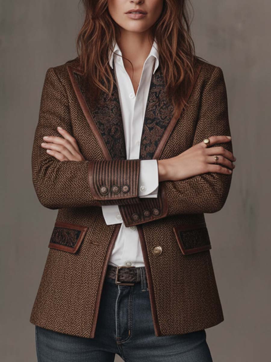 Fischgrät-Blazer mit Bedruckten Paneelen