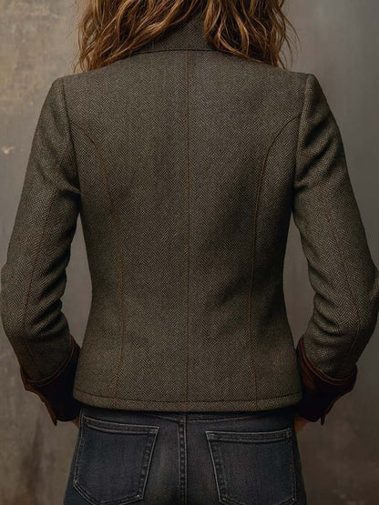 Retro Fischgrät-Blazer mit Kontrast-Abschluss