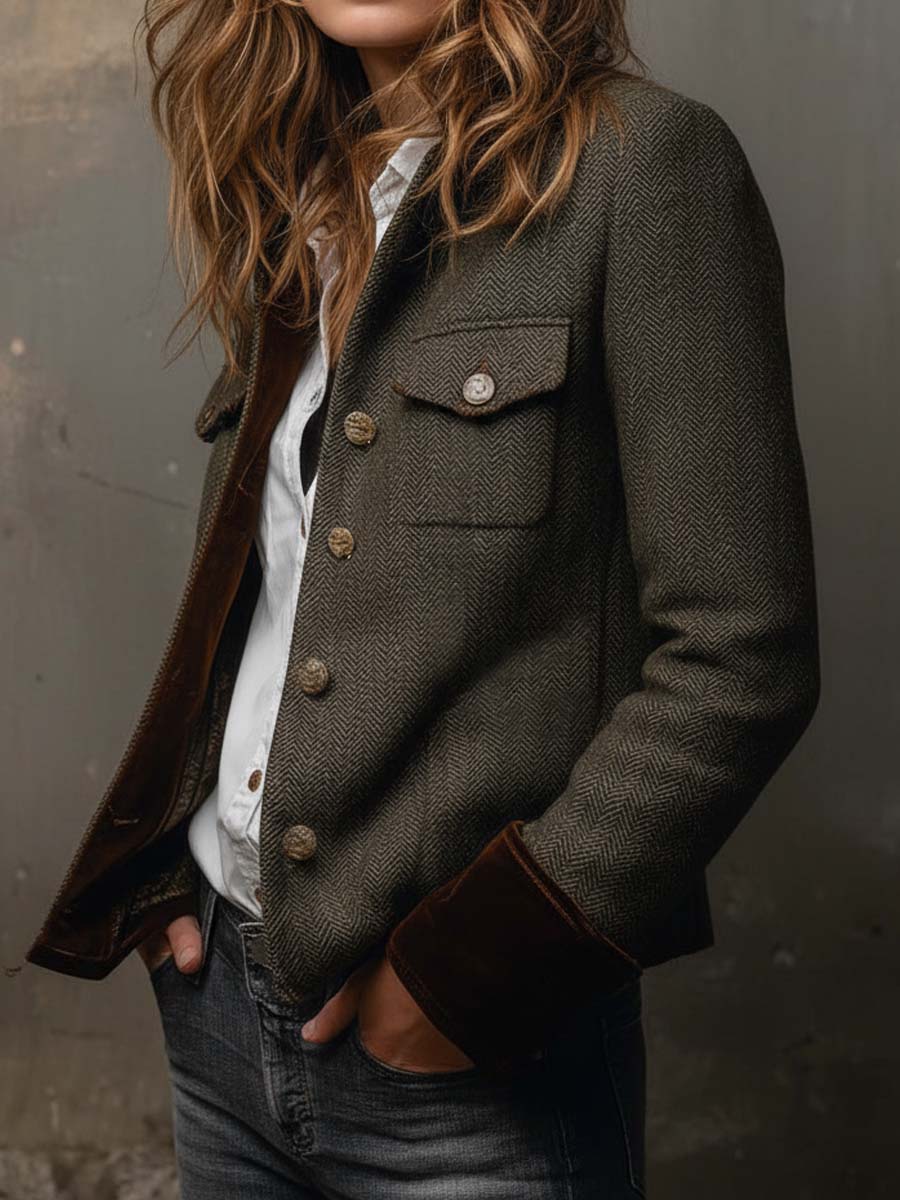 Retro Fischgrät-Blazer mit Kontrast-Abschluss