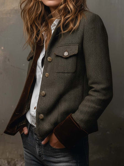 Retro Fischgrät-Blazer mit Kontrast-Abschluss