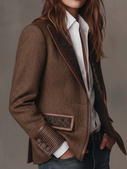 Fischgrät-Blazer mit Bedruckten Paneelen