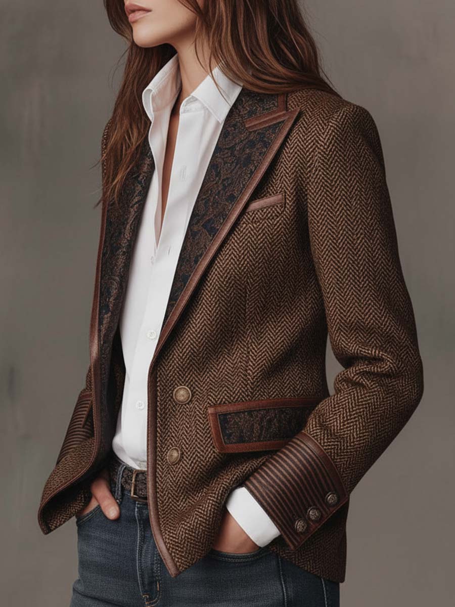 Fischgrät-Blazer mit Bedruckten Paneelen