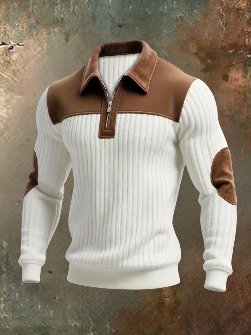 Herrenpullover mit Reißverschluss und Wildledereinsätzen