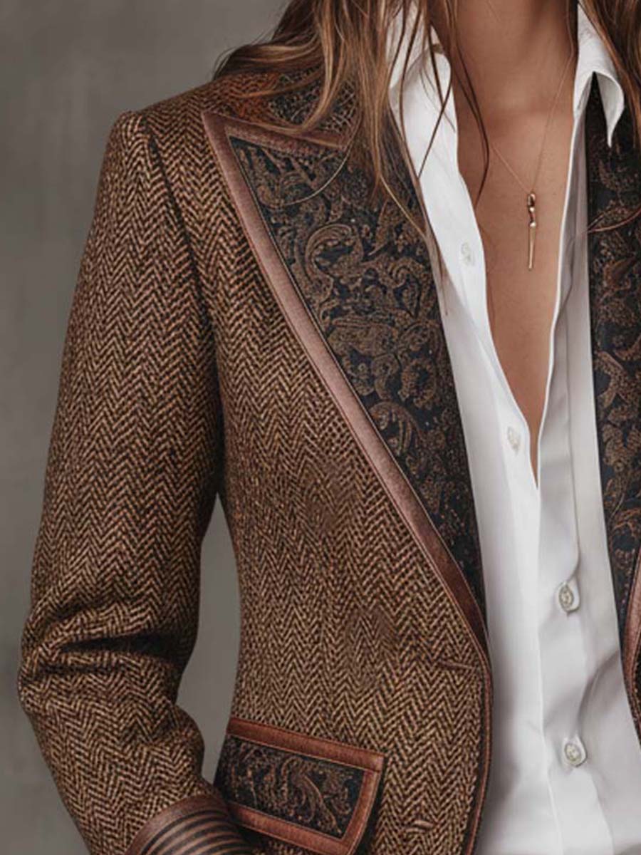 Fischgrät-Blazer mit Bedruckten Paneelen