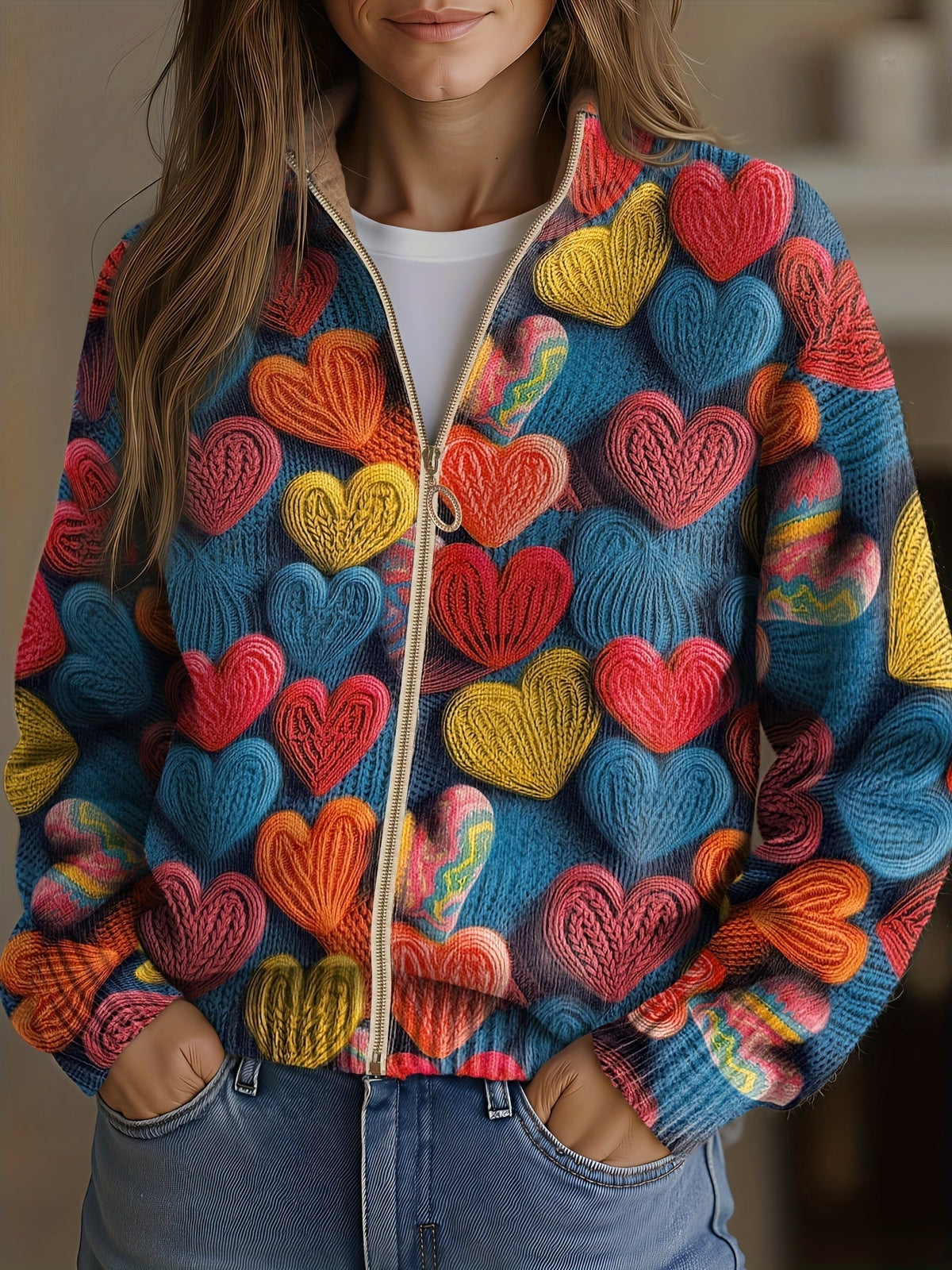 Reißverschluss-Strickjacke mit Herzmuster