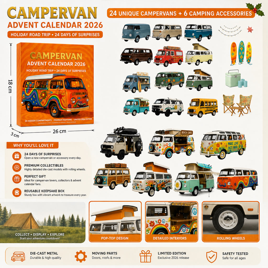 Adventskalender mit Campingbussen für Kinder 2026 — 24 Retro-Busse
