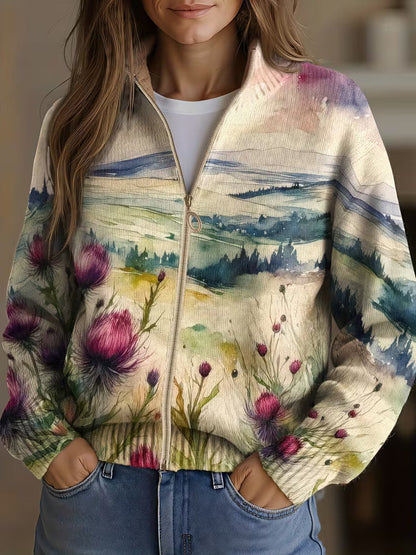 Reißverschluss-Strickjacke mit Schottischer Distel