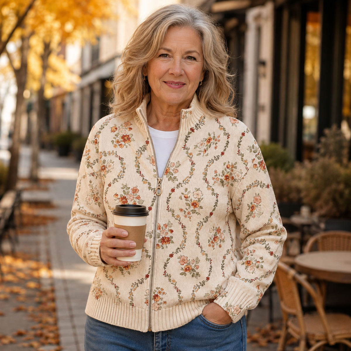 Reißverschluss-Strickjacke mit Cremefarbenen Blüten