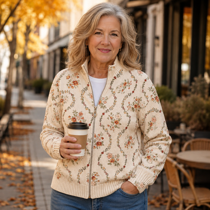 Reißverschluss-Strickjacke mit Cremefarbenen Blüten