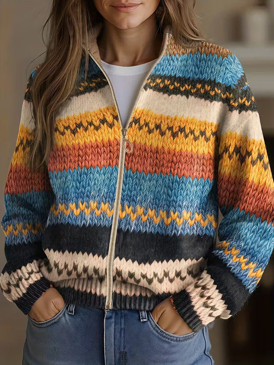 Reißverschluss-Strickjacke mit Buntem Zickzack-Muster