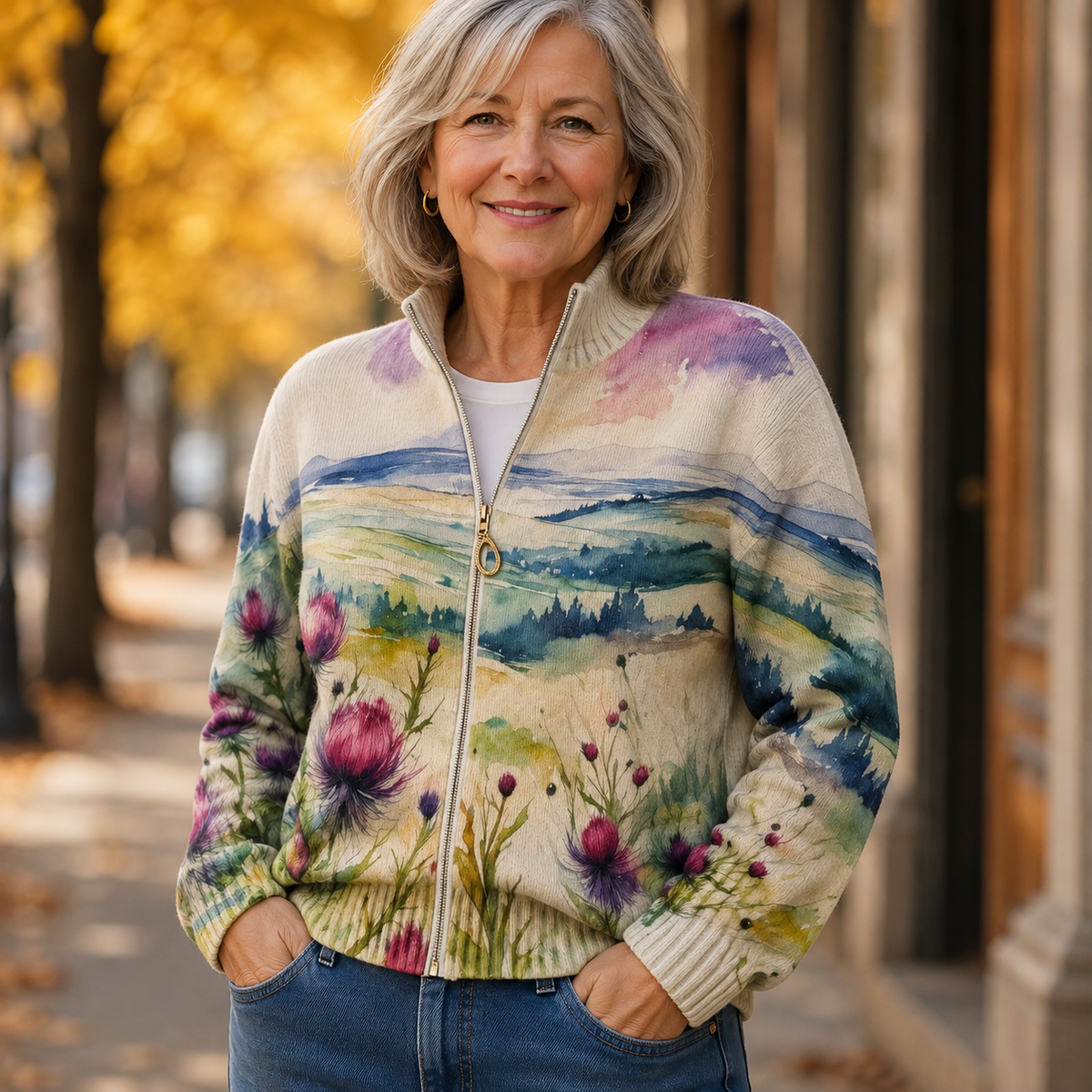 Reißverschluss-Strickjacke mit Schottischer Distel