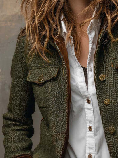 Retro Fischgrät-Blazer mit Kontrast-Abschluss