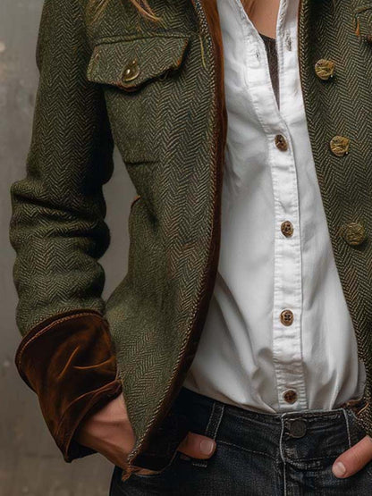Retro Fischgrät-Blazer mit Kontrast-Abschluss