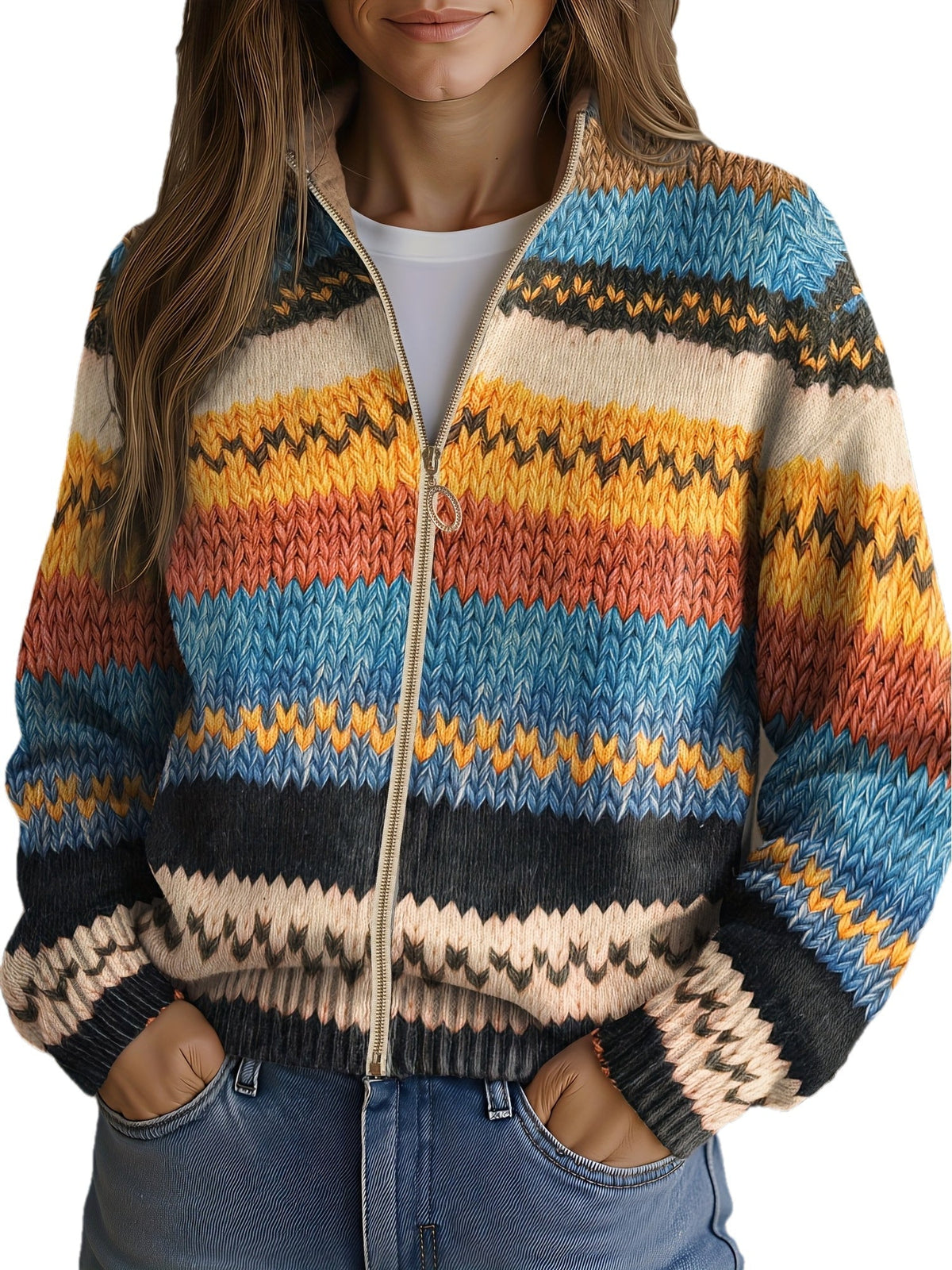 Reißverschluss-Strickjacke mit Buntem Zickzack-Muster