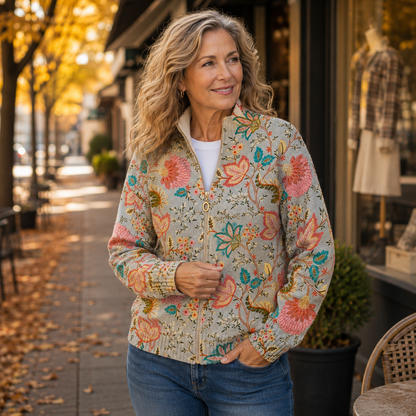 Reißverschluss-Strickjacke mit Vintage-Blumengarten