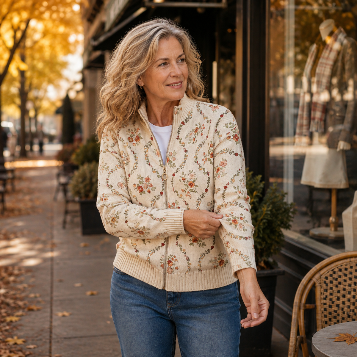 Reißverschluss-Strickjacke mit Cremefarbenen Blüten
