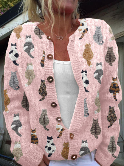 Strickjacke mit Knöpfen und Katzenmotiv