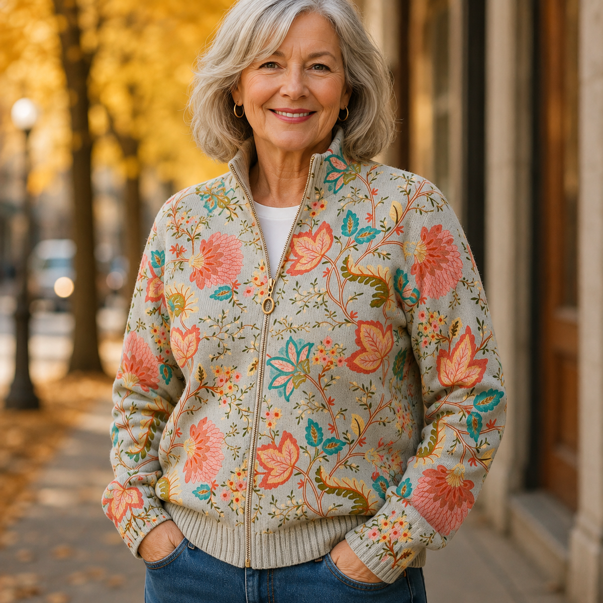 Reißverschluss-Strickjacke mit Vintage-Blumengarten