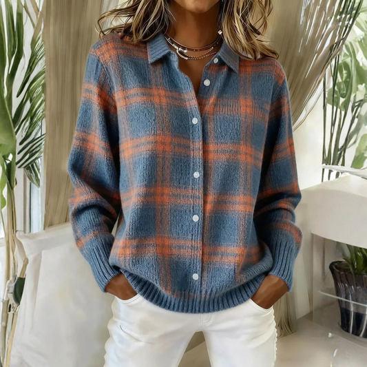 Karierte Strickjacke – Blau