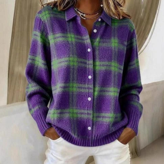 Karierte Strickjacke – Dunkellila
