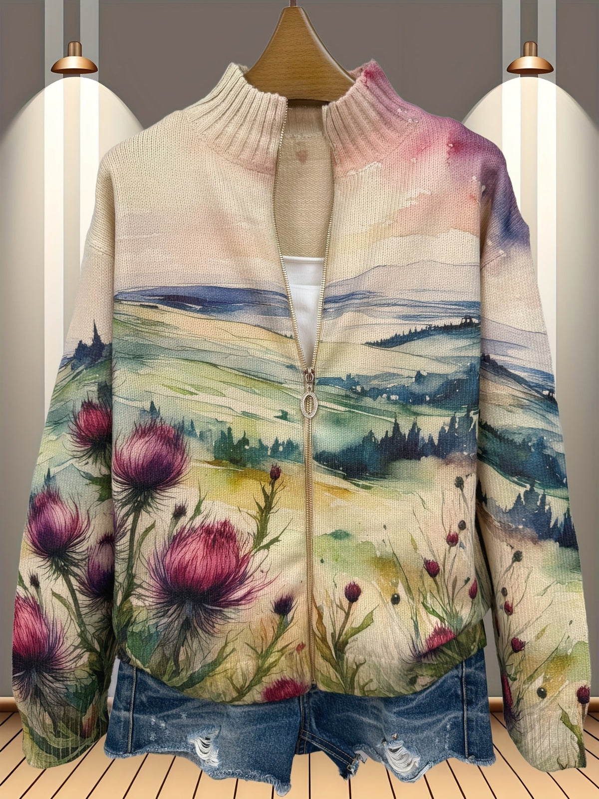 Reißverschluss-Strickjacke mit Schottischer Distel