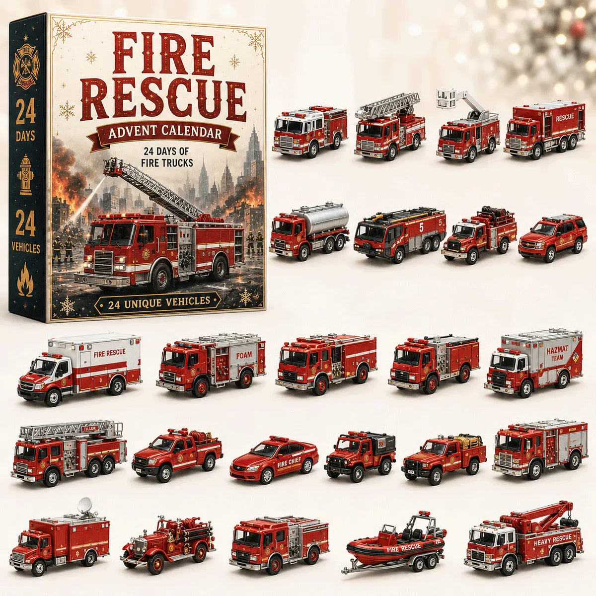 Adventskalender mit Feuerwehrfahrzeugen für Kinder 2026 — 24 Feuerwehrautos