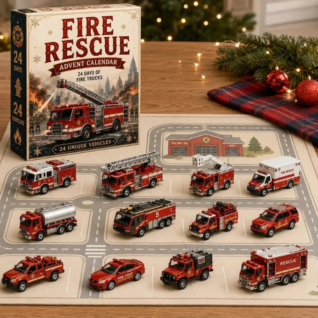 Adventskalender mit Feuerwehrfahrzeugen für Kinder 2026 — 24 Feuerwehrautos