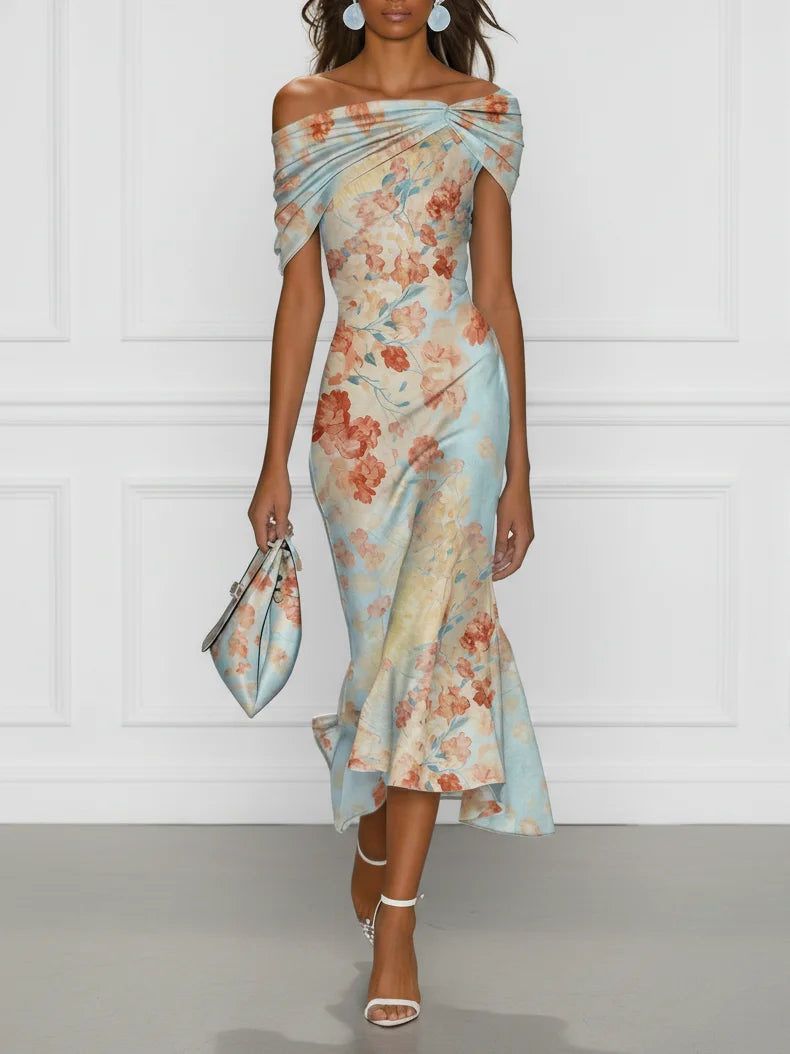 Βιτόρια™ | Midi Γοργονέ Φόρεμα Off-Shoulder με Μπλε Floral Print