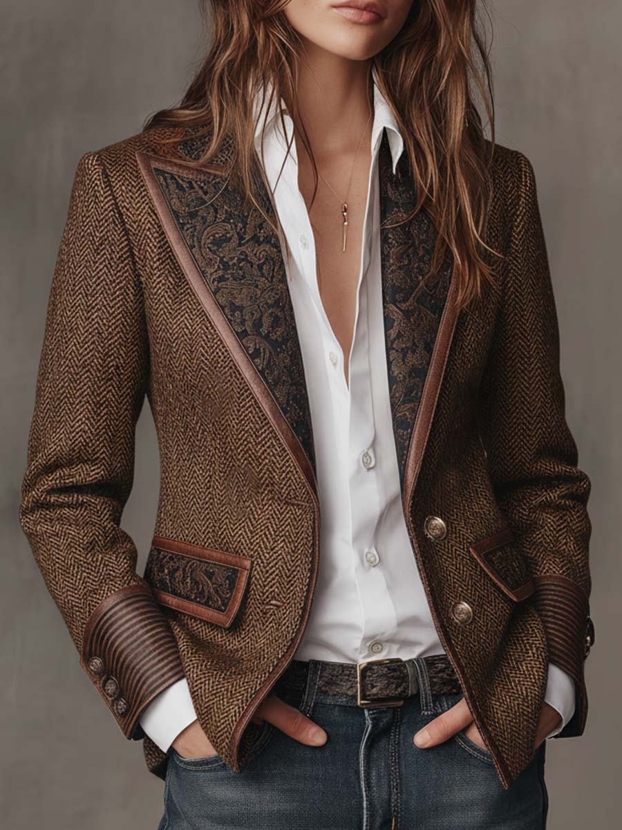 Fischgrät-Blazer mit Bedruckten Paneelen