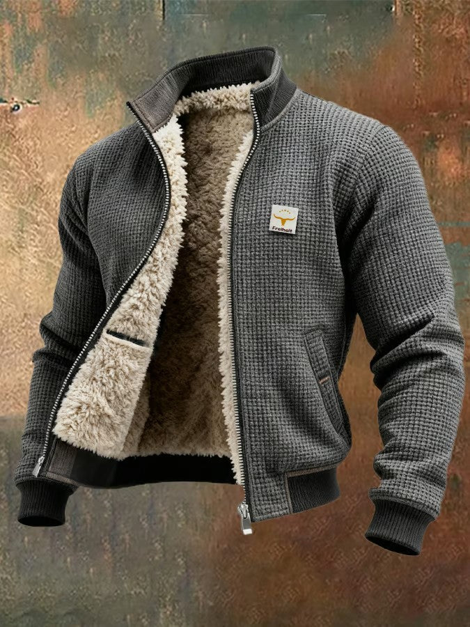 Gestrickte Strickjacke mit Stehkragen und Sherpa-Futter