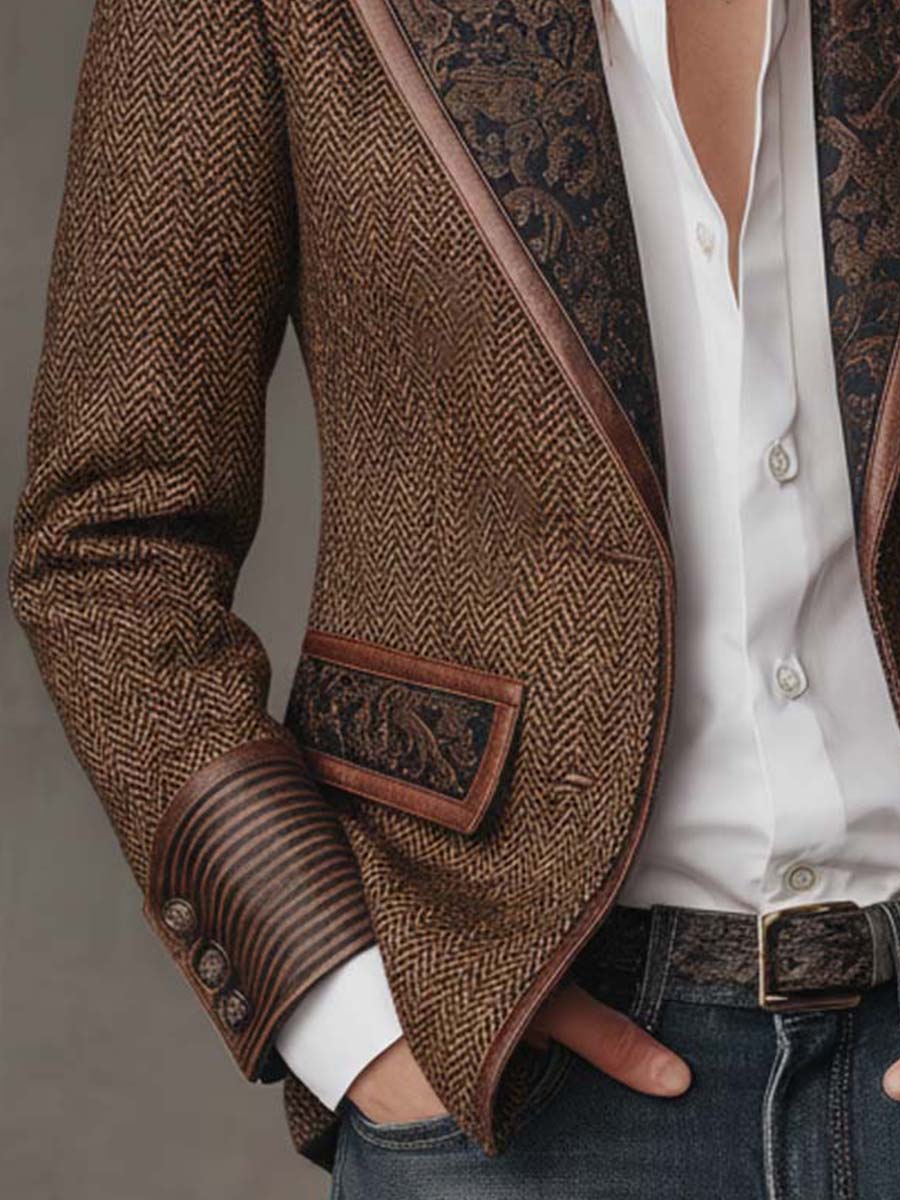 Fischgrät-Blazer mit Bedruckten Paneelen