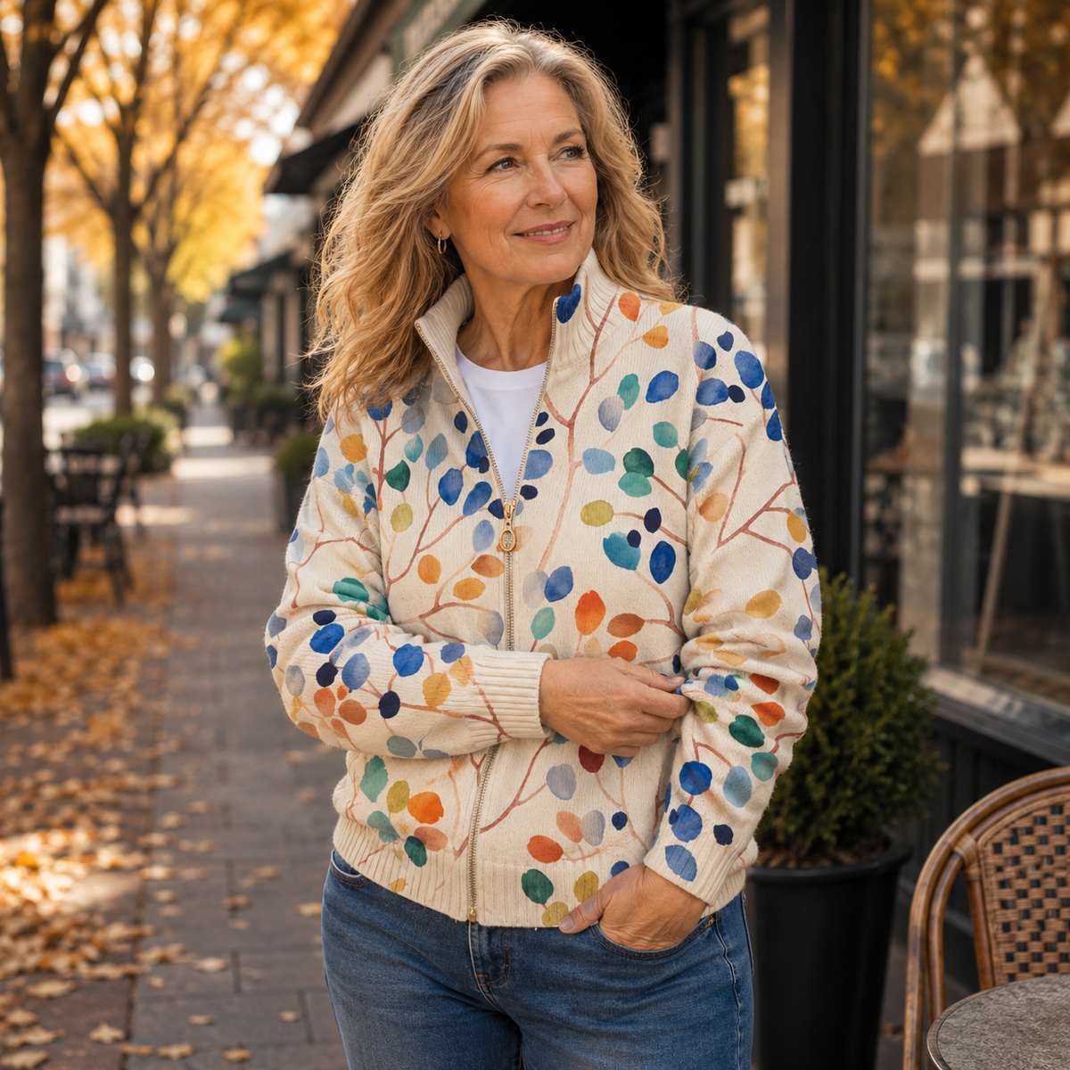Reißverschluss-Strickjacke mit Botanischen Blättern
