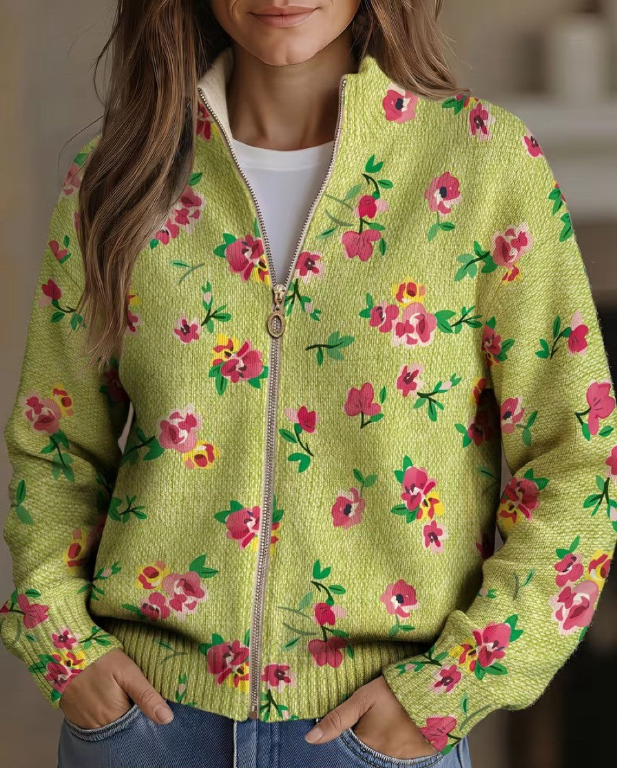 Reißverschluss-Strickjacke mit Rosa Rosen