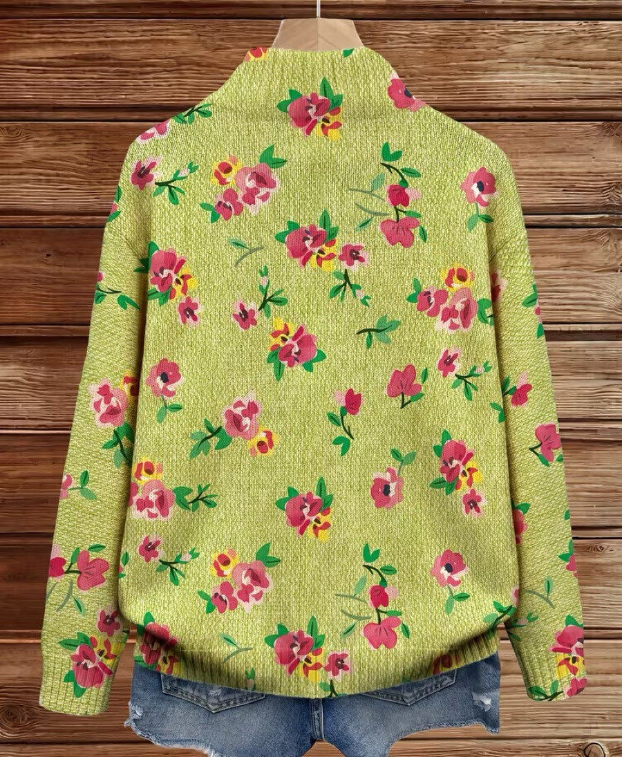 Reißverschluss-Strickjacke mit Rosa Rosen