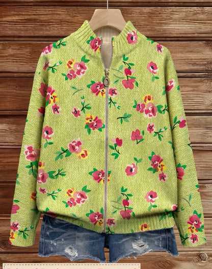 Reißverschluss-Strickjacke mit Rosa Rosen
