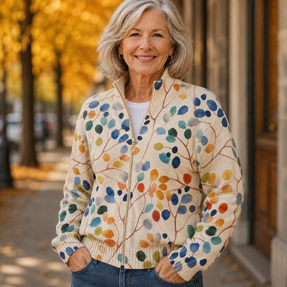 Reißverschluss-Strickjacke mit Botanischen Blättern