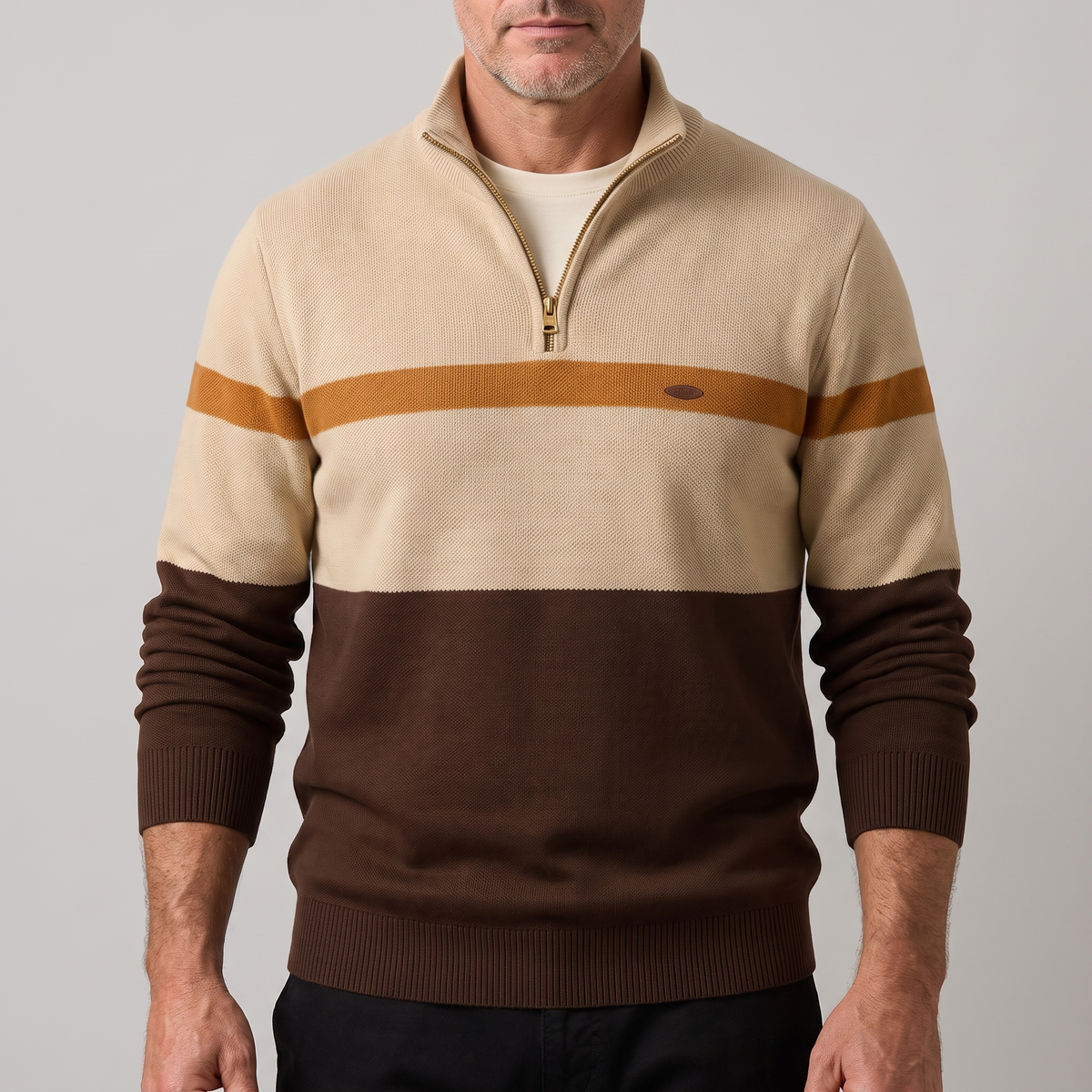 Zweifarbiger Baumwollpullover mit Reißverschluss