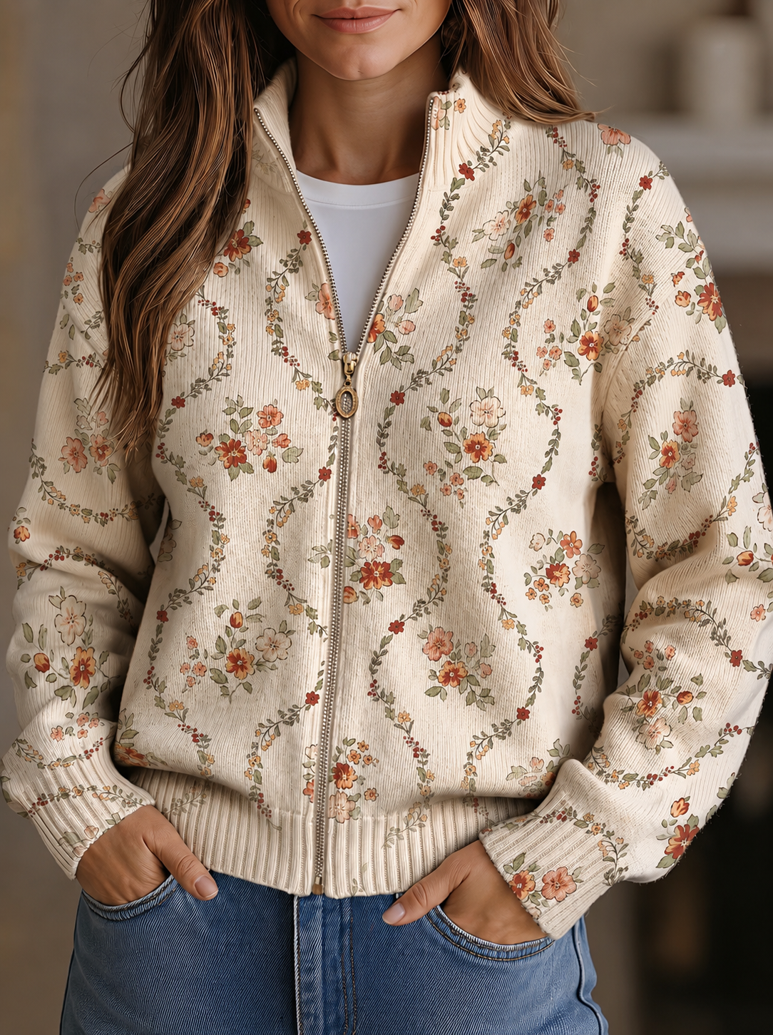 Reißverschluss-Strickjacke mit Cremefarbenen Blüten