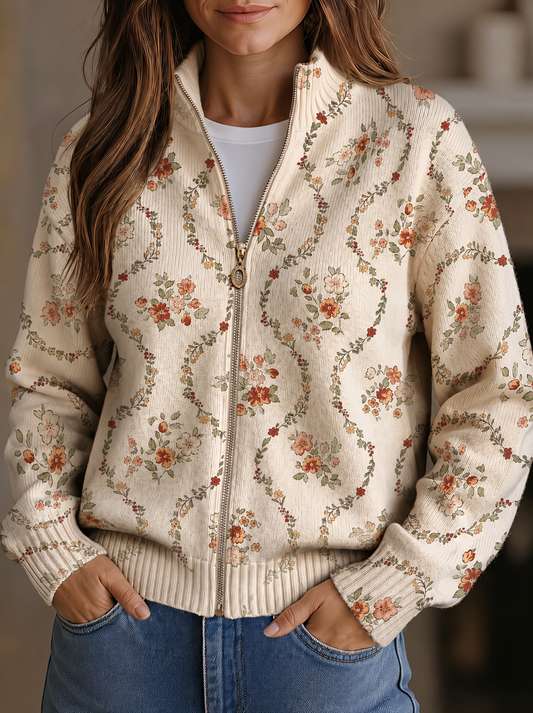 Reißverschluss-Strickjacke mit Cremefarbenen Blüten