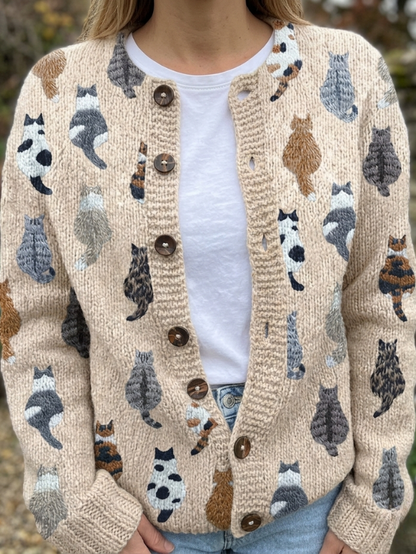Strickjacke mit Knöpfen und Katzenmotiv