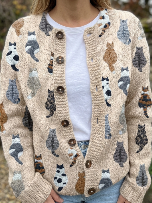 Strickjacke mit Knöpfen und Katzenmotiv