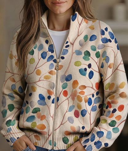 Reißverschluss-Strickjacke mit Botanischen Blättern